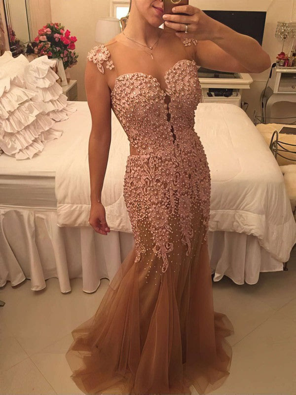 Gorgeous Mermaid/Trumpet Scoop Neck Tulle Appliques Lace Floor-length Prom Dress