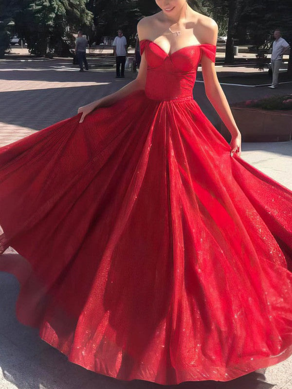 Gorgeous Off-the-shoulder Glitter Floor-length Ball Gown Prom Dress