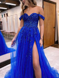 Gorgeous Off-the-shoulder Lace Glitter Tulle Prom Ball Gown with Sweep Train