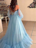 Gorgeous Off-the-shoulder Tulle Prom Dress with Lace Appliques and Princess Sweep Train