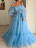 Gorgeous Off-the-shoulder Tulle Prom Dress with Lace Appliques and Princess Sweep Train