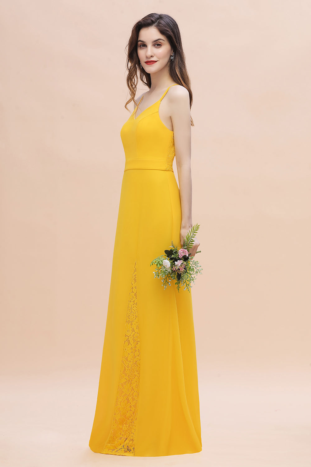 Gorgeous Spaghett Straps V-Neck Chiffon Lace Bridesmaid Dress Online-Babyonlines