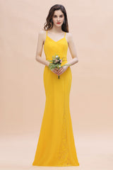 Gorgeous Spaghett Straps V-Neck Chiffon Lace Bridesmaid Dress Online-Babyonlines