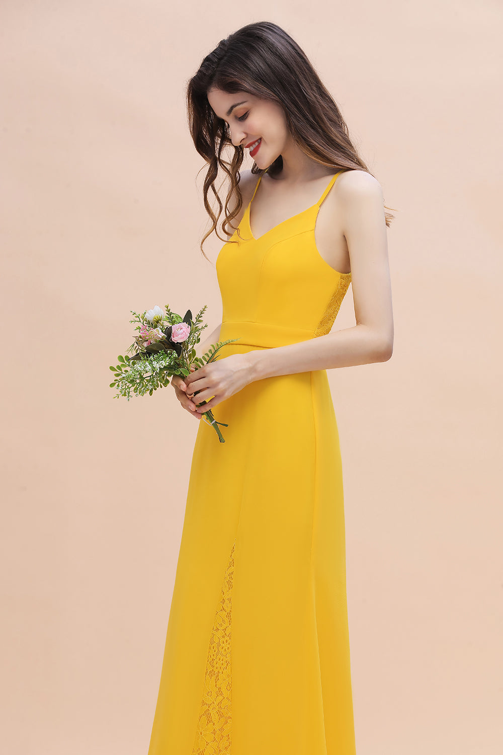 Gorgeous Spaghett Straps V-Neck Chiffon Lace Bridesmaid Dress Online-Babyonlines