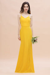 Gorgeous Spaghett Straps V-Neck Chiffon Lace Bridesmaid Dress Online-Babyonlines