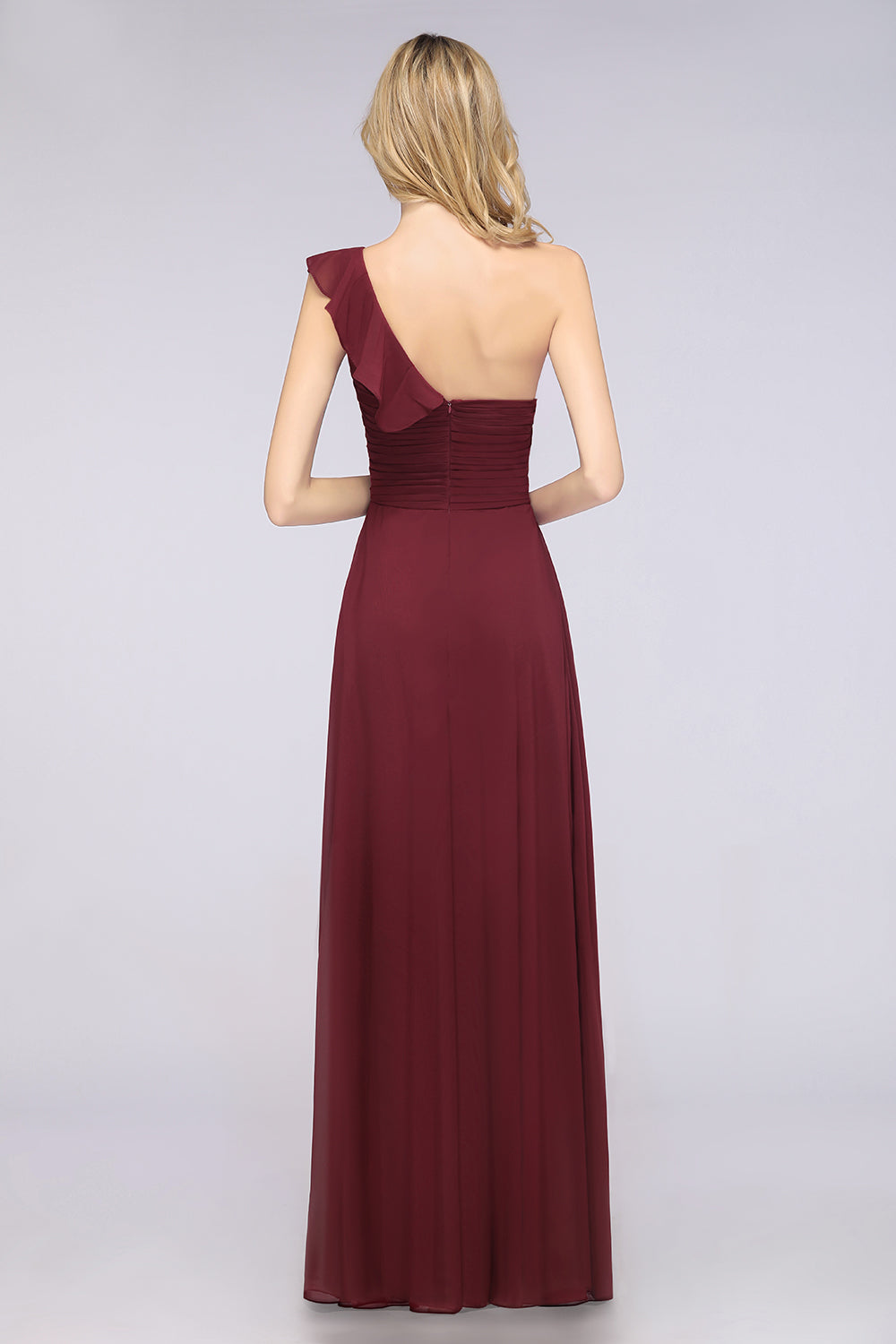 Gorgeous Sweetheart Ruffle Burgundy Chiffon Bridesmaid Dress With One-shoulder-Babyonlines