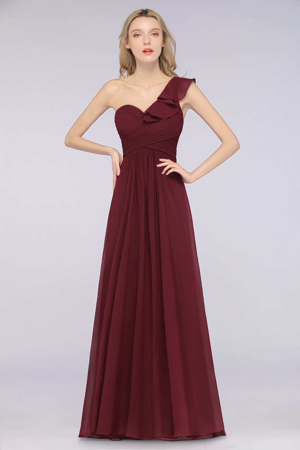 Gorgeous Sweetheart Ruffle Burgundy Chiffon Bridesmaid Dress With One-shoulder-Babyonlines