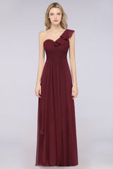 Gorgeous Sweetheart Ruffle Burgundy Chiffon Bridesmaid Dress With One-shoulder-Babyonlines