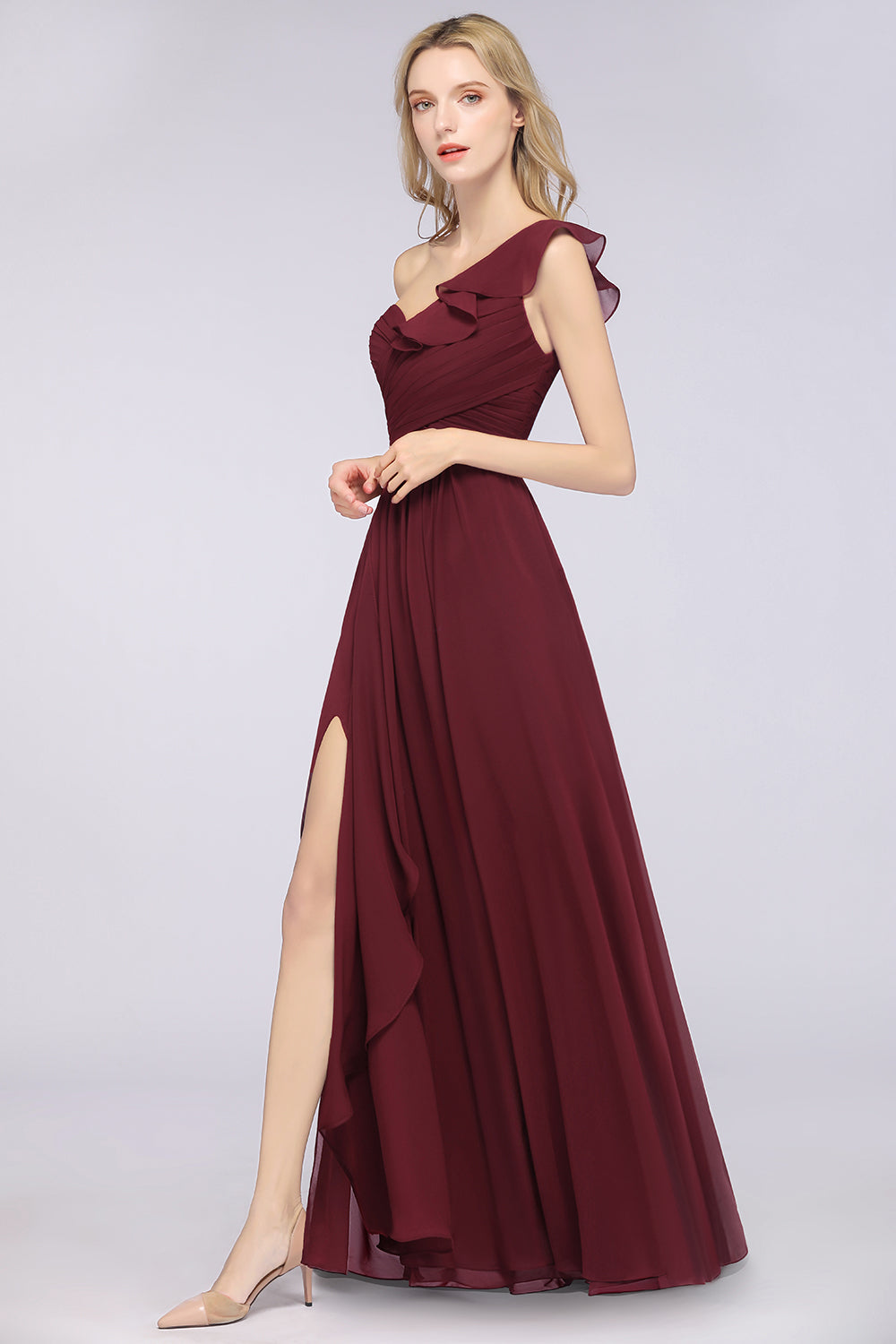 Gorgeous Sweetheart Ruffle Burgundy Chiffon Bridesmaid Dress With One-shoulder-Babyonlines