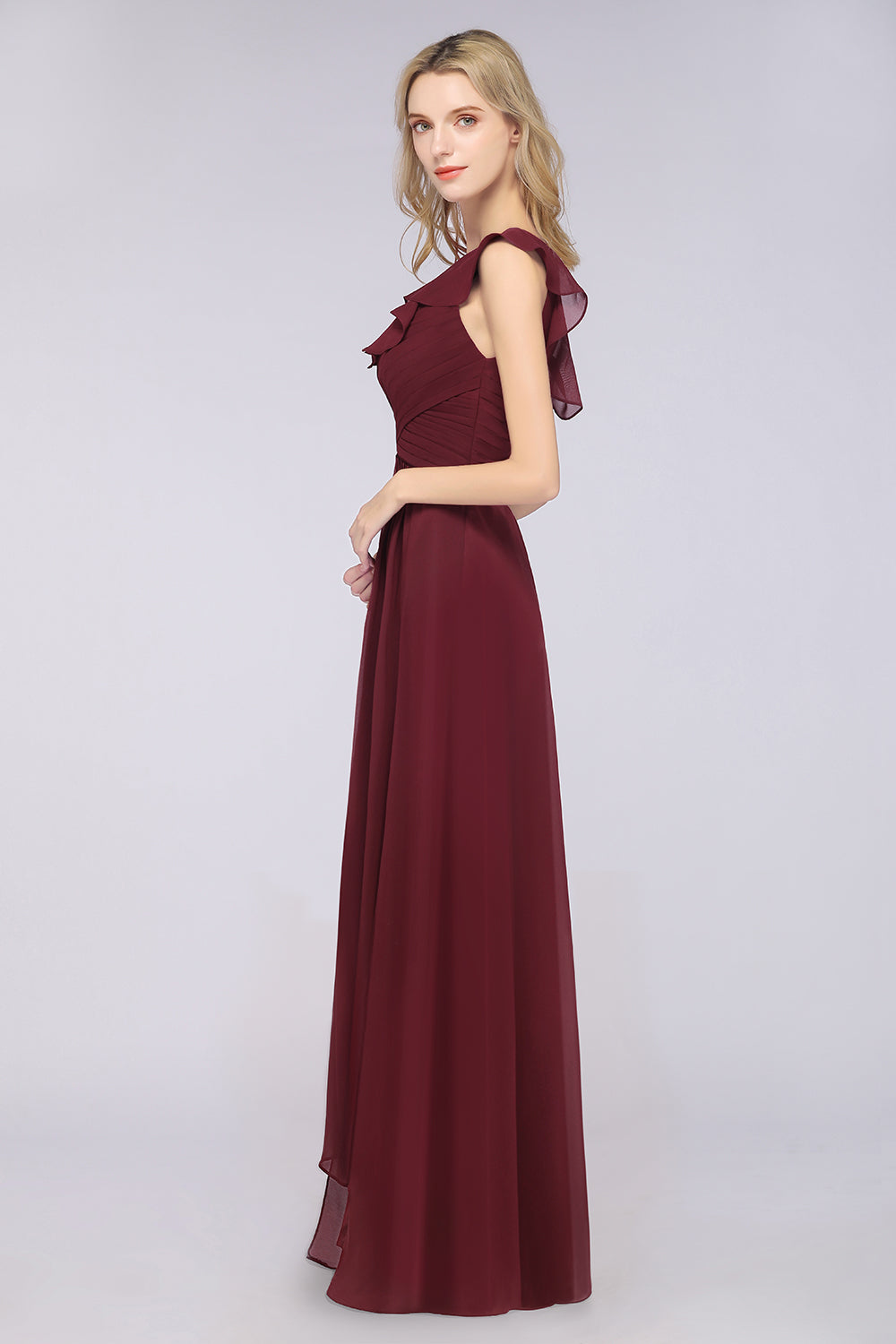 Gorgeous Sweetheart Ruffle Burgundy Chiffon Bridesmaid Dress With One-shoulder-Babyonlines