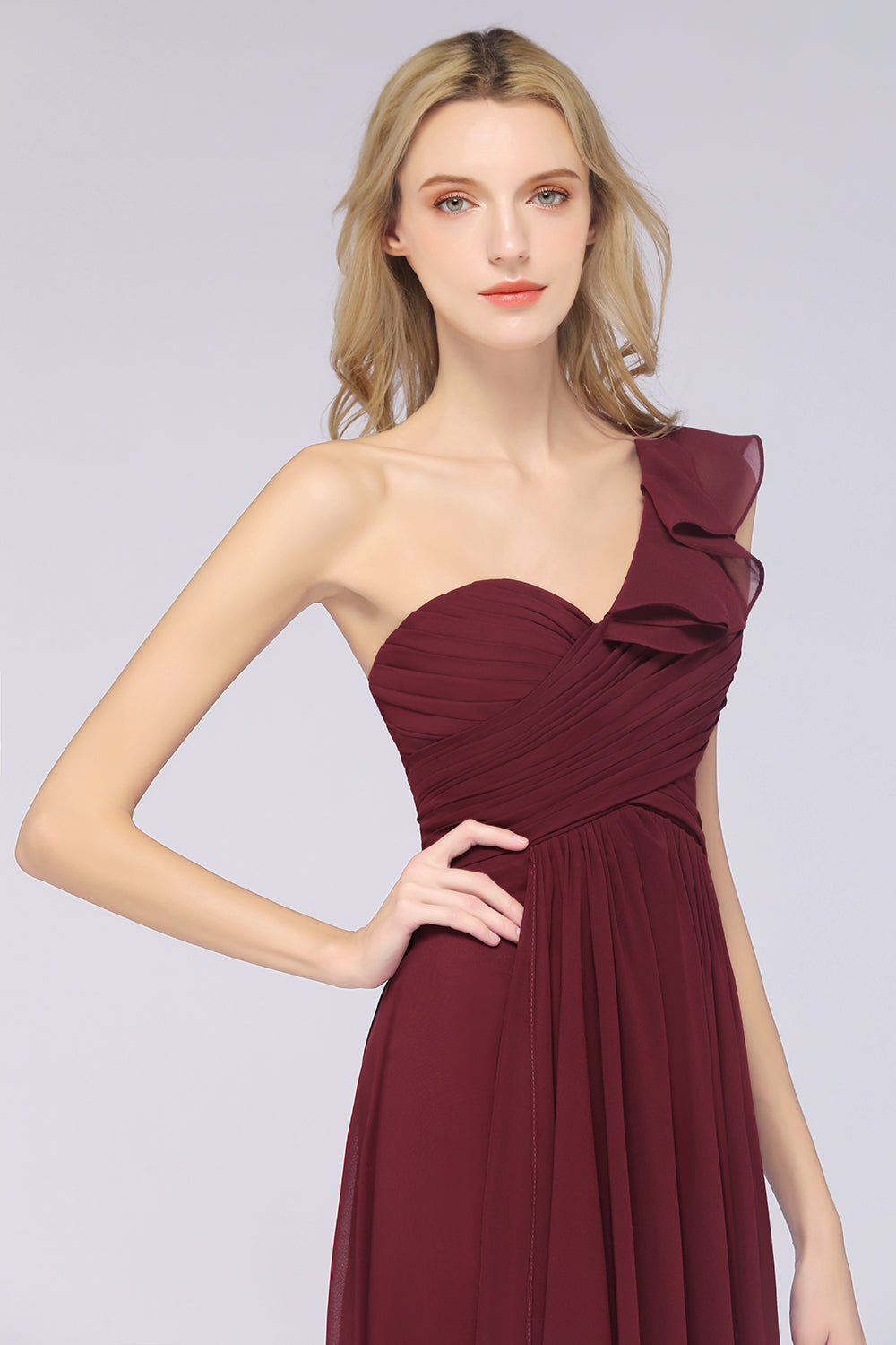 Gorgeous Sweetheart Ruffle Burgundy Chiffon Bridesmaid Dress With One-shoulder-Babyonlines