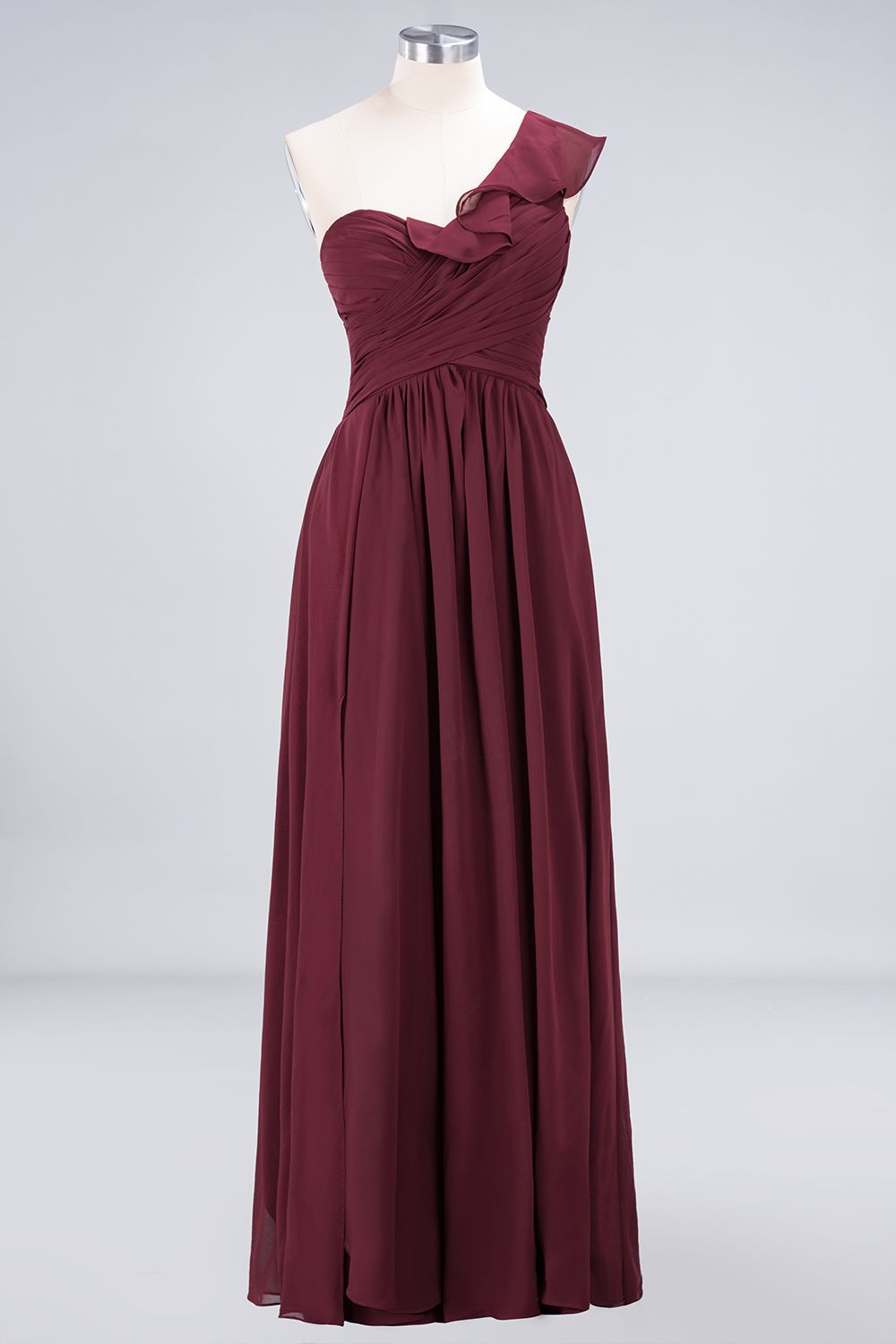 Gorgeous Sweetheart Ruffle Burgundy Chiffon Bridesmaid Dress With One-shoulder-Babyonlines