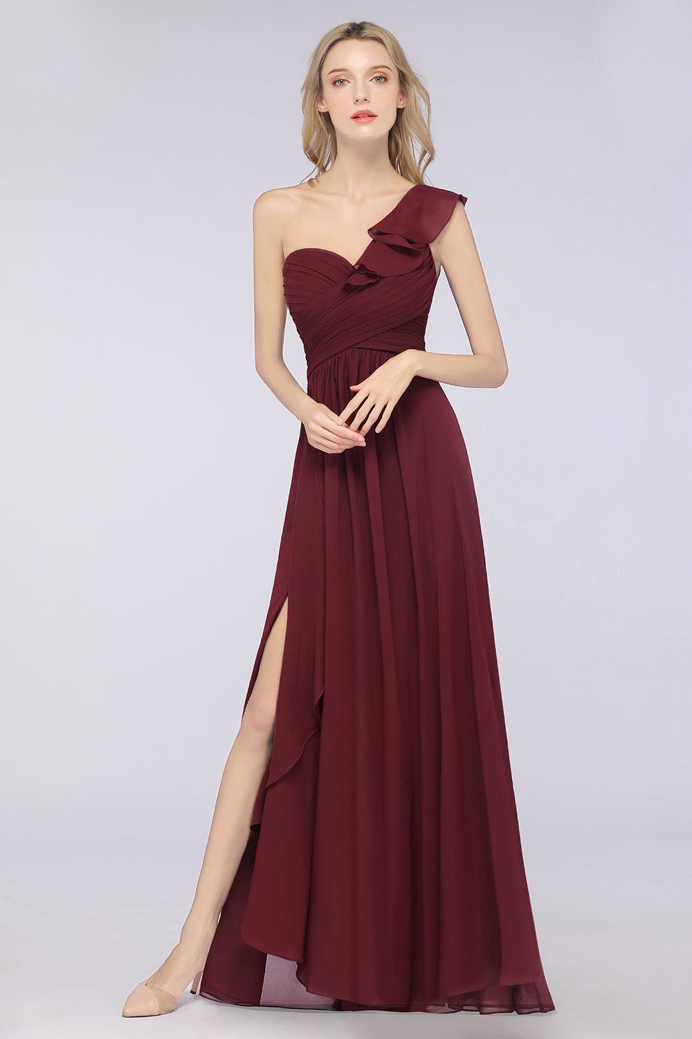 Gorgeous Sweetheart Ruffle Burgundy Chiffon Bridesmaid Dress With One-shoulder-Babyonlines