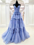 Gorgeous V-neck Tulle Glitter Ball Gown Prom Dress with Sweep Train and Tiered Skirt