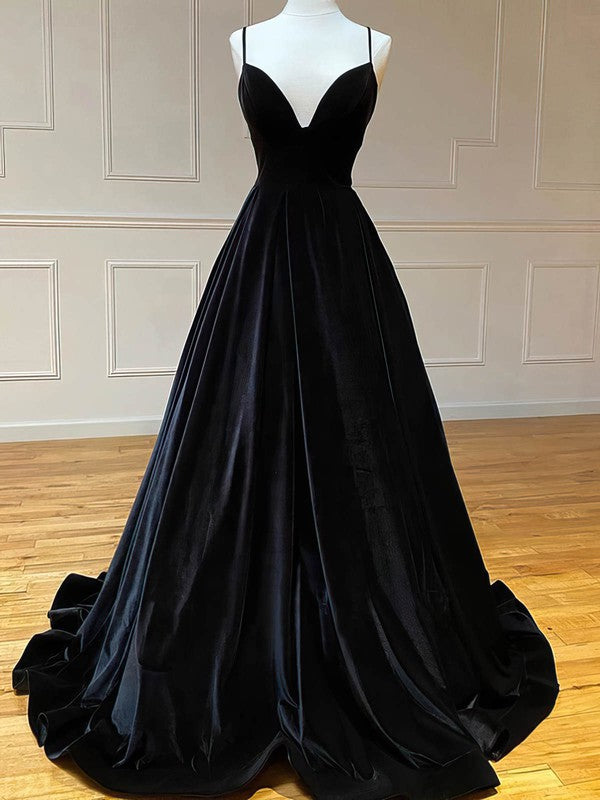 Gorgeous V-neck Velvet Sweep Train Ball Gown Prom Dresses