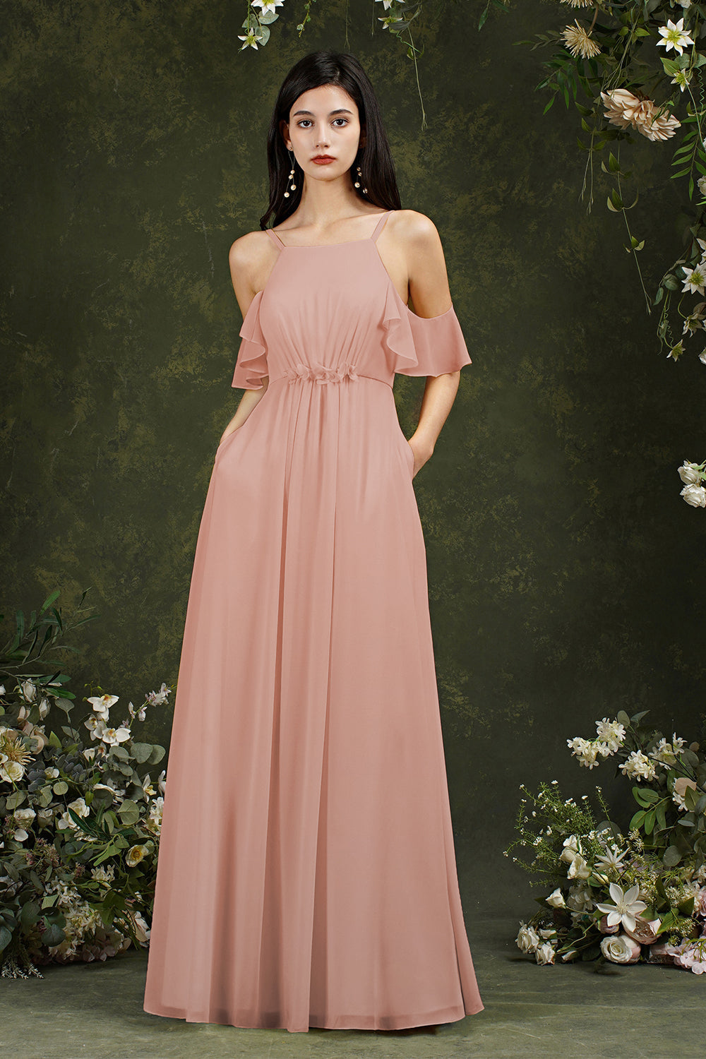 Halter Chiffon Bridesmaid Dress Long WIth Ruffle-Babyonlines