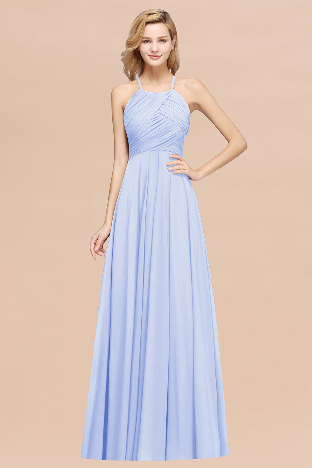 Halter Crisscross Pleated Bridesmaid Dress Blue Chiffon Sleeveless Maid of Honor Dress-Babyonlines