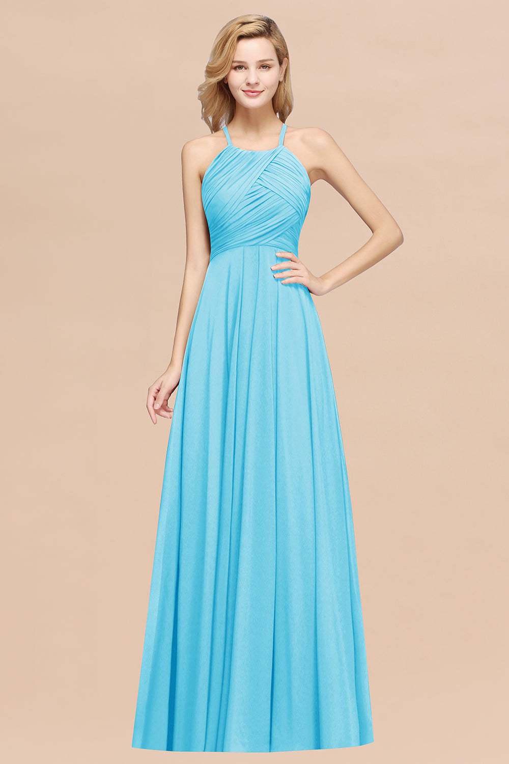 Halter Crisscross Pleated Bridesmaid Dress Blue Chiffon Sleeveless Maid of Honor Dress-Babyonlines