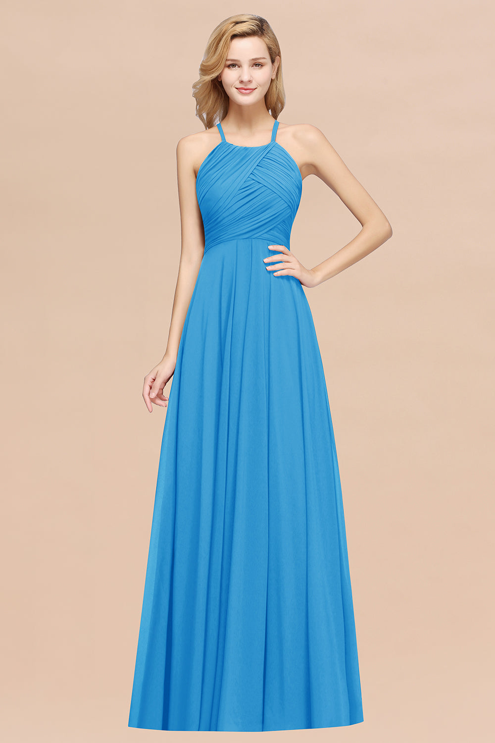 Halter Crisscross Pleated Bridesmaid Dress Blue Chiffon Sleeveless Maid of Honor Dress-Babyonlines