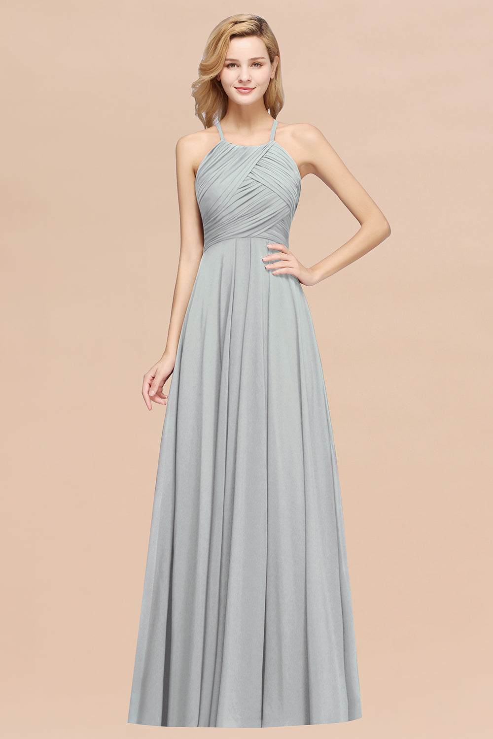 Halter Crisscross Pleated Bridesmaid Dress Blue Chiffon Sleeveless Maid of Honor Dress-Babyonlines