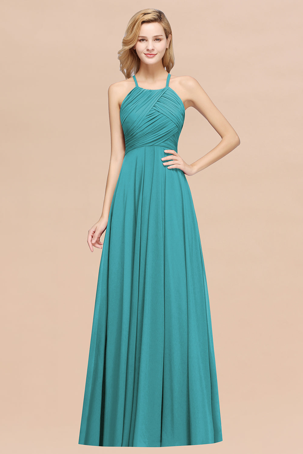 Halter Crisscross Pleated Bridesmaid Dress Blue Chiffon Sleeveless Maid of Honor Dress-Babyonlines