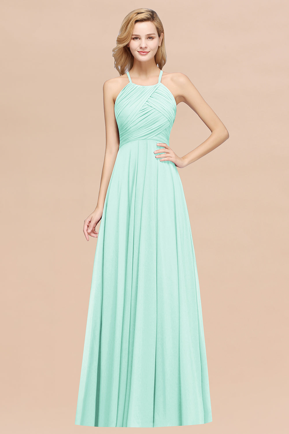 Halter Crisscross Pleated Bridesmaid Dress Blue Chiffon Sleeveless Maid of Honor Dress-Babyonlines