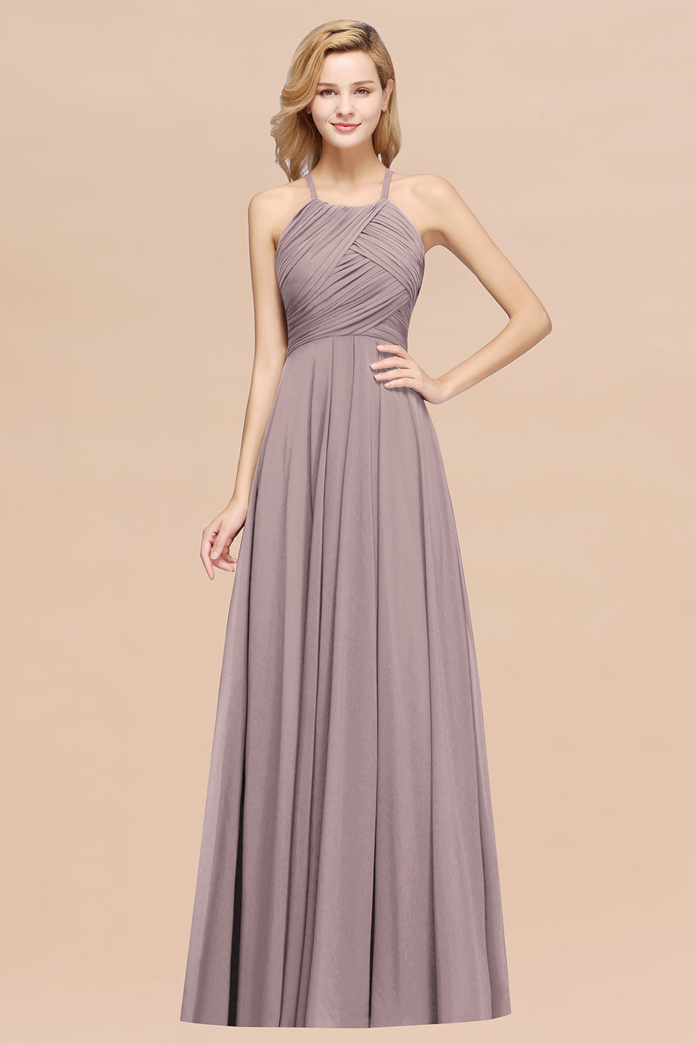 Halter Crisscross Pleated Bridesmaid Dress Blue Chiffon Sleeveless Maid of Honor Dress-Babyonlines