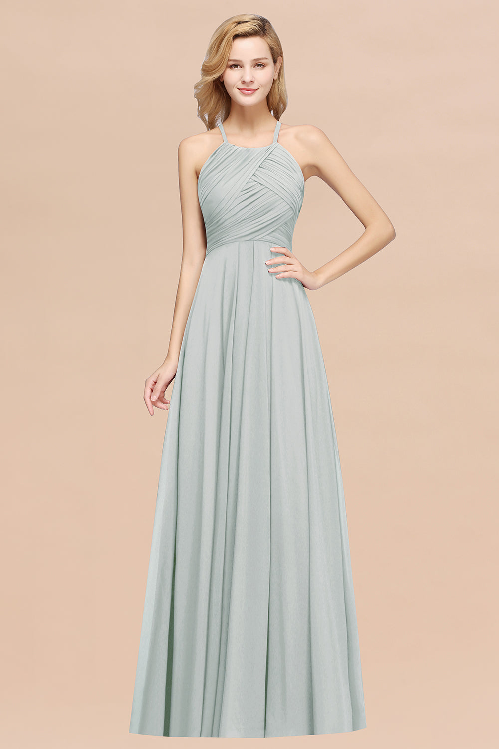 Halter Crisscross Pleated Bridesmaid Dress Blue Chiffon Sleeveless Maid of Honor Dress-Babyonlines