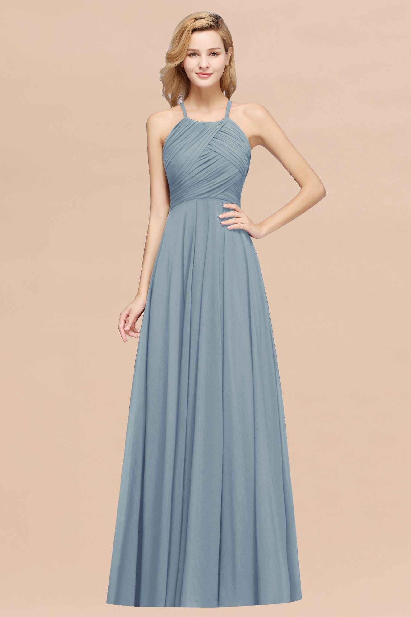 Halter Crisscross Pleated Bridesmaid Dress Blue Chiffon Sleeveless Maid of Honor Dress-Babyonlines