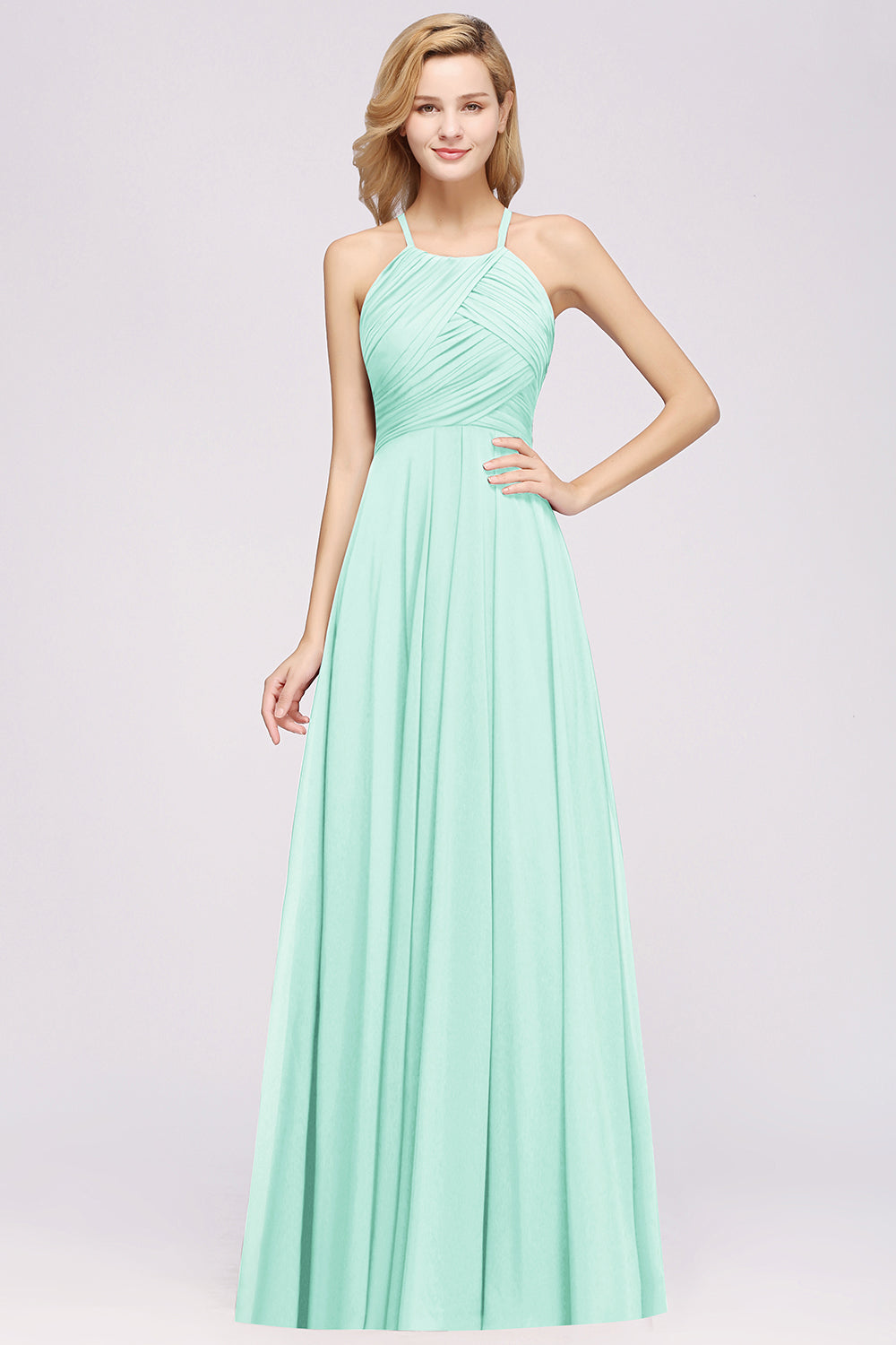 Halter Crisscross Pleated Bridesmaid Dress Blue Chiffon Sleeveless Maid of Honor Dress-Babyonlines