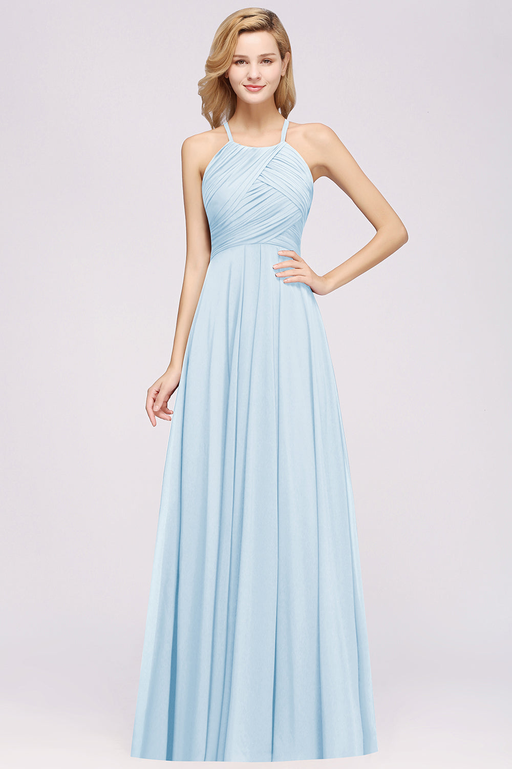 Halter Crisscross Pleated Bridesmaid Dress Blue Chiffon Sleeveless Maid of Honor Dress-Babyonlines