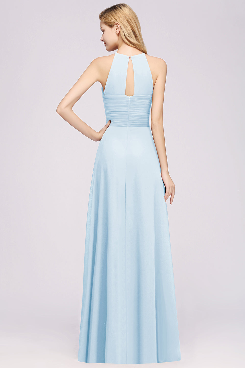 Halter Crisscross Pleated Bridesmaid Dress Blue Chiffon Sleeveless Maid of Honor Dress-Babyonlines