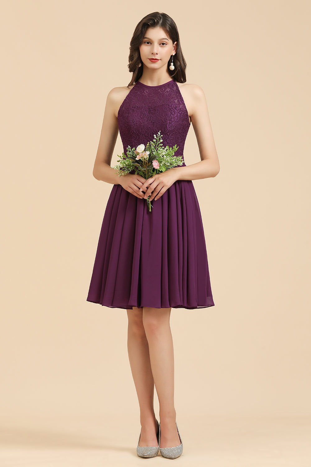 Halter Lace Bridesmaid Dress Chiffon Sleeveless Short Dress-Babyonlines