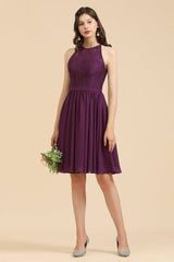 Halter Lace Bridesmaid Dress Chiffon Sleeveless Short Dress-Babyonlines