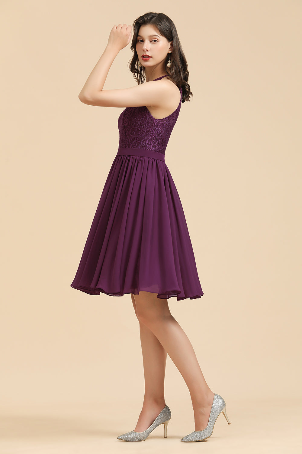 Halter Lace Bridesmaid Dress Chiffon Sleeveless Short Dress-Babyonlines