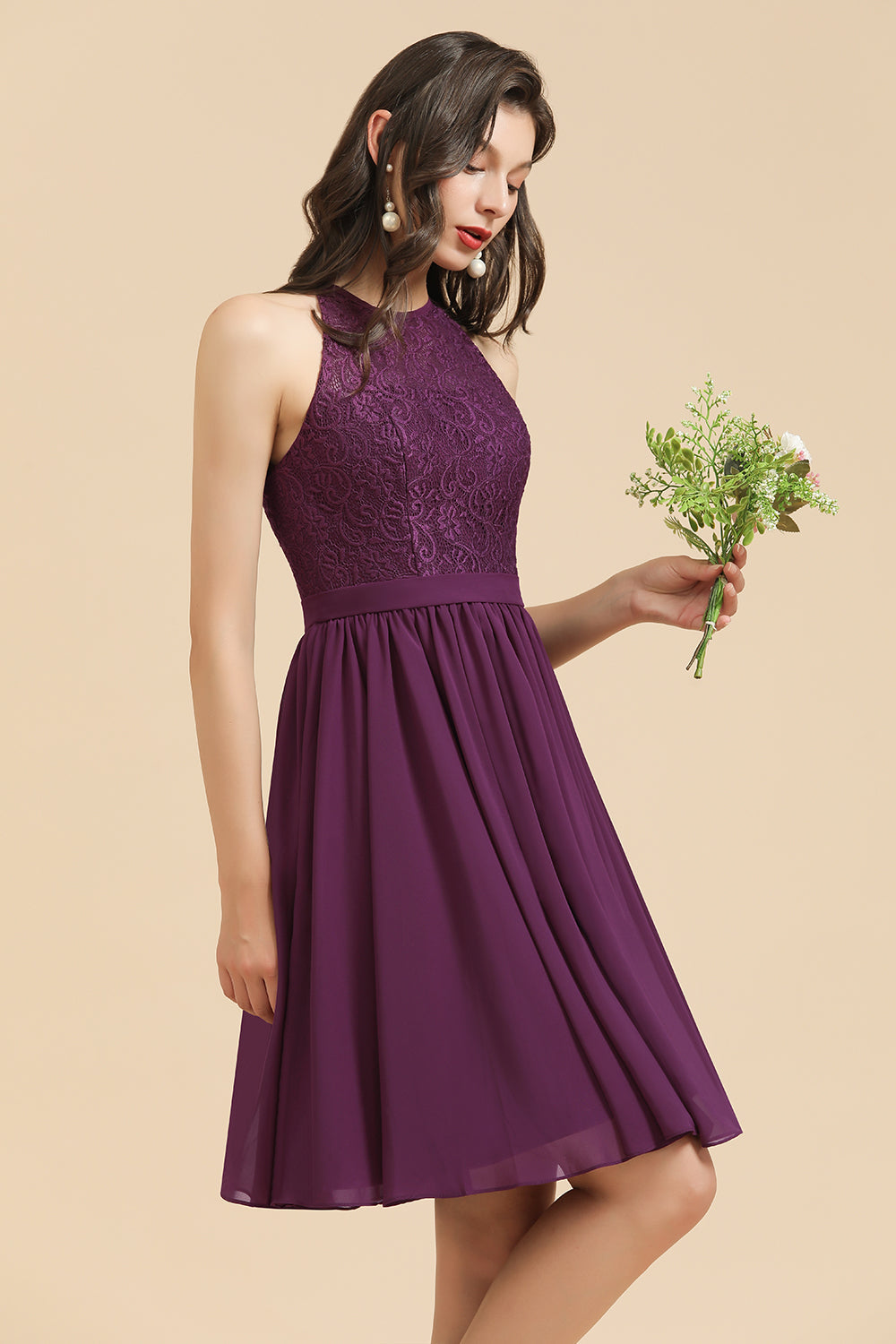 Halter Lace Bridesmaid Dress Chiffon Sleeveless Short Dress-Babyonlines