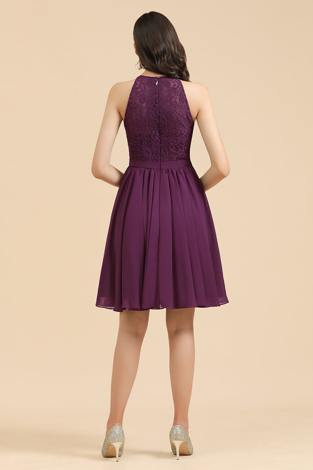 Halter Lace Bridesmaid Dress Chiffon Sleeveless Short Dress-Babyonlines