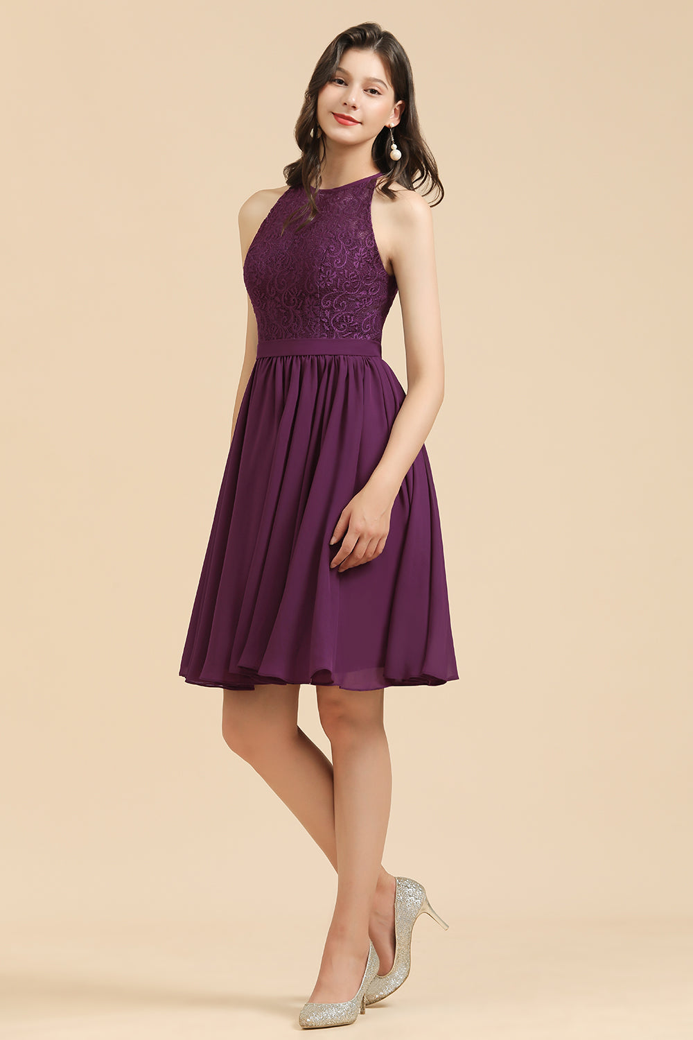 Halter Lace Bridesmaid Dress Chiffon Sleeveless Short Dress-Babyonlines