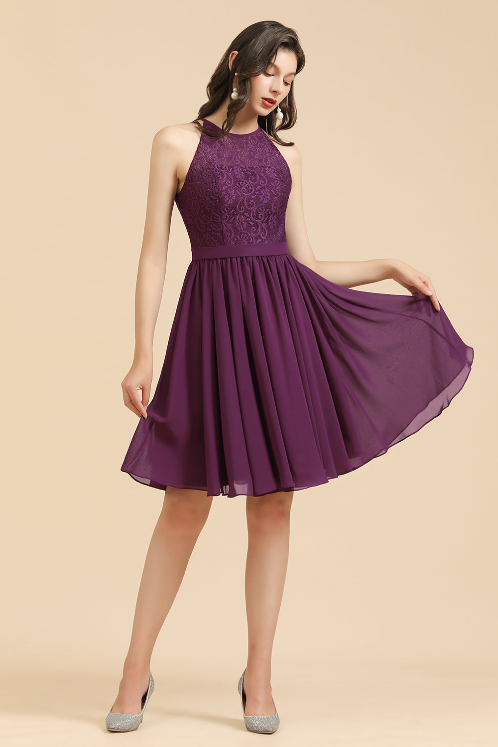 Halter Lace Bridesmaid Dress Chiffon Sleeveless Short Dress-Babyonlines