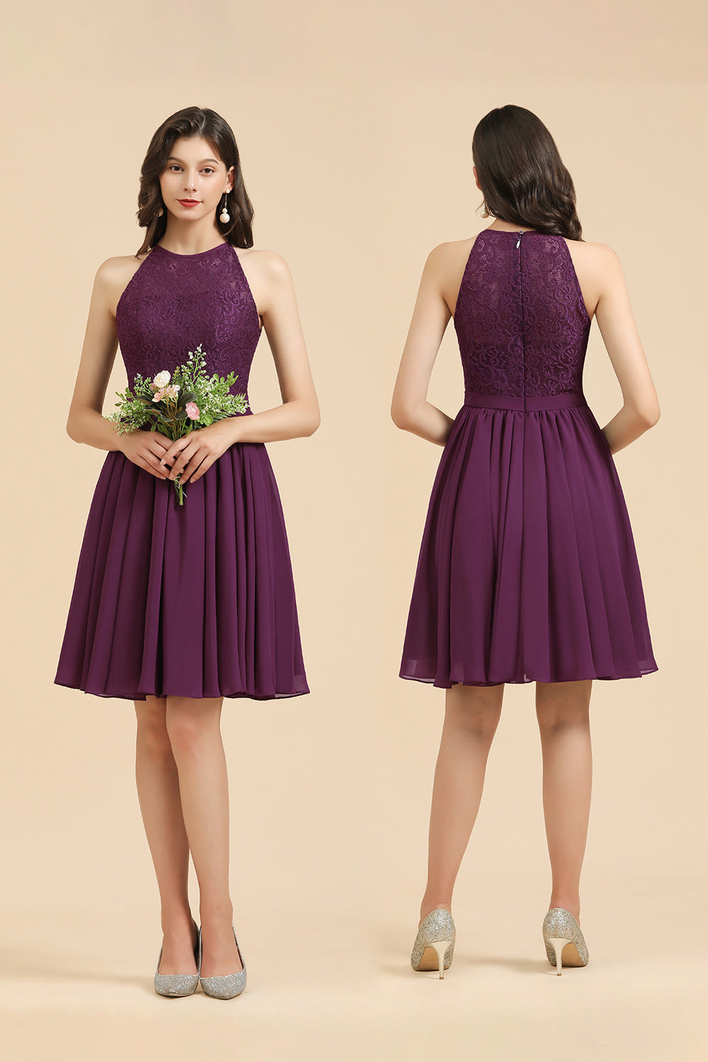 Halter Lace Bridesmaid Dress Chiffon Sleeveless Short Dress-Babyonlines