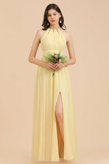 Halter Sleeveless Daffodil Chiffon Bridesmaid Dress with Ruffles-Babyonlines