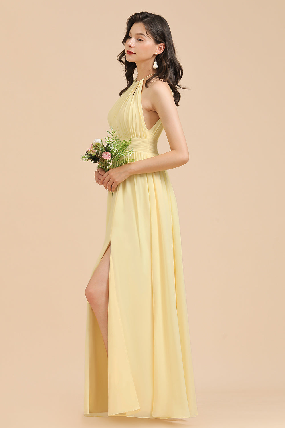 Halter Sleeveless Daffodil Chiffon Bridesmaid Dress with Ruffles-Babyonlines