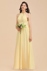 Halter Sleeveless Daffodil Chiffon Bridesmaid Dress with Ruffles-Babyonlines