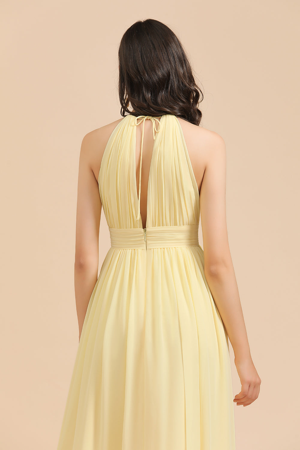 Halter Sleeveless Daffodil Chiffon Bridesmaid Dress with Ruffles-Babyonlines