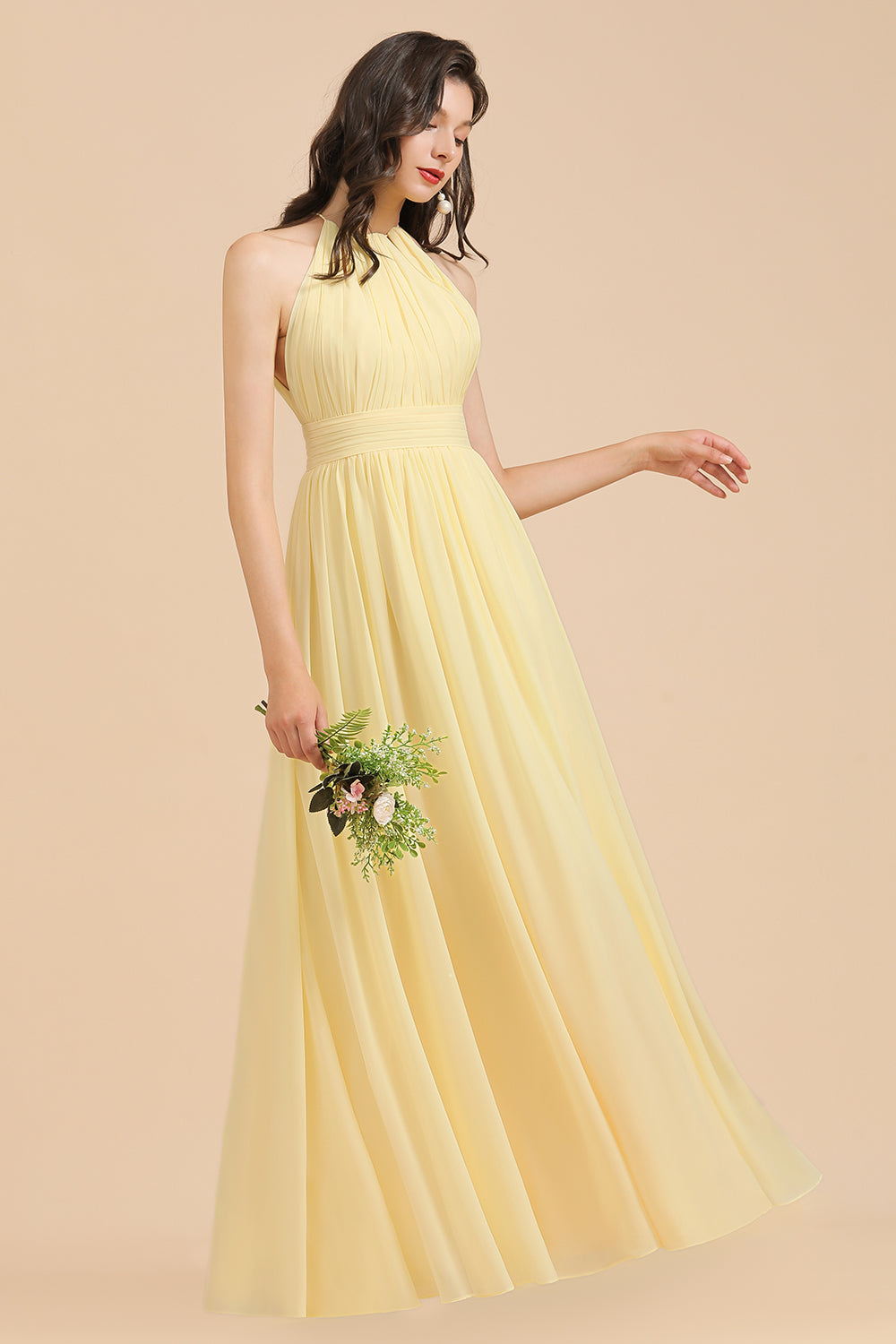 Halter Sleeveless Daffodil Chiffon Bridesmaid Dress with Ruffles-Babyonlines