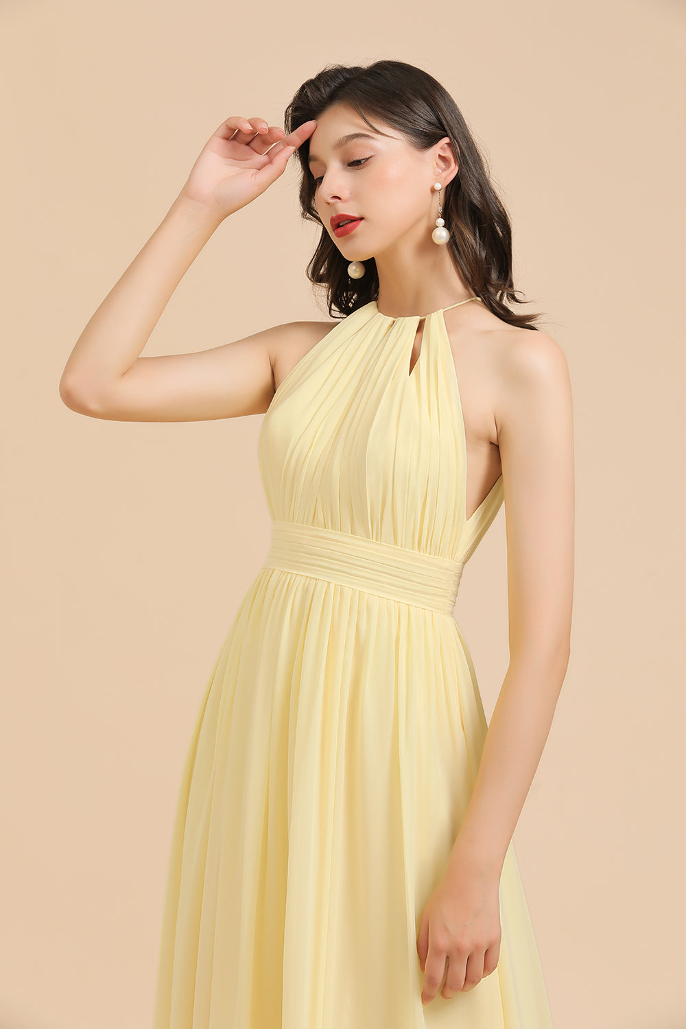 Halter Sleeveless Daffodil Chiffon Bridesmaid Dress with Ruffles-Babyonlines