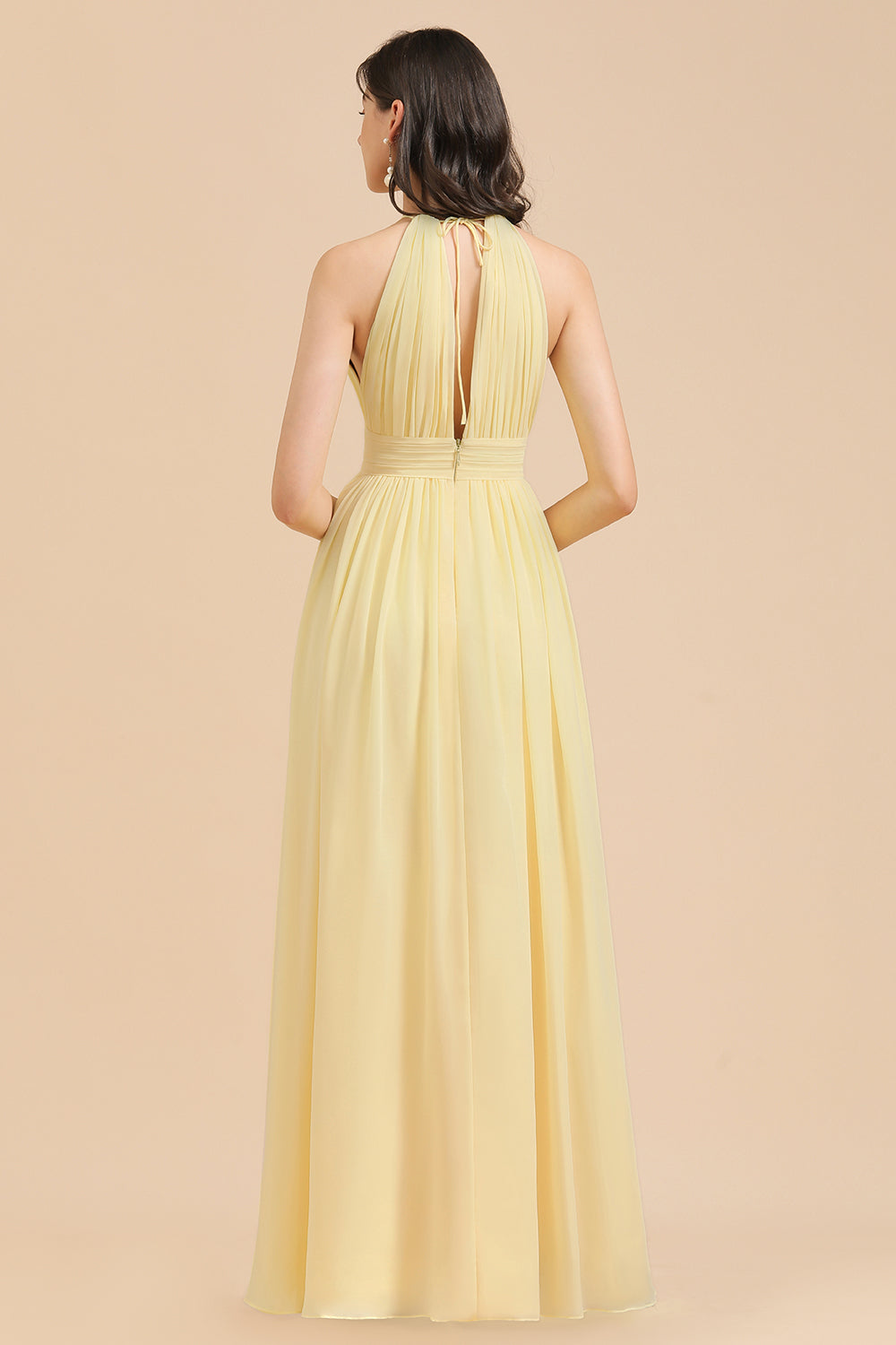 Halter Sleeveless Daffodil Chiffon Bridesmaid Dress with Ruffles-Babyonlines