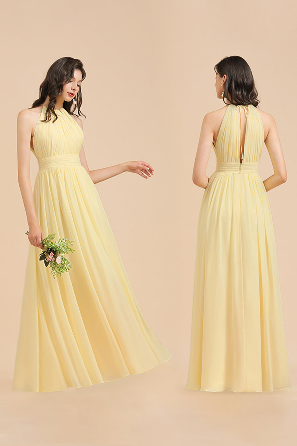 Halter Sleeveless Daffodil Chiffon Bridesmaid Dress with Ruffles-Babyonlines