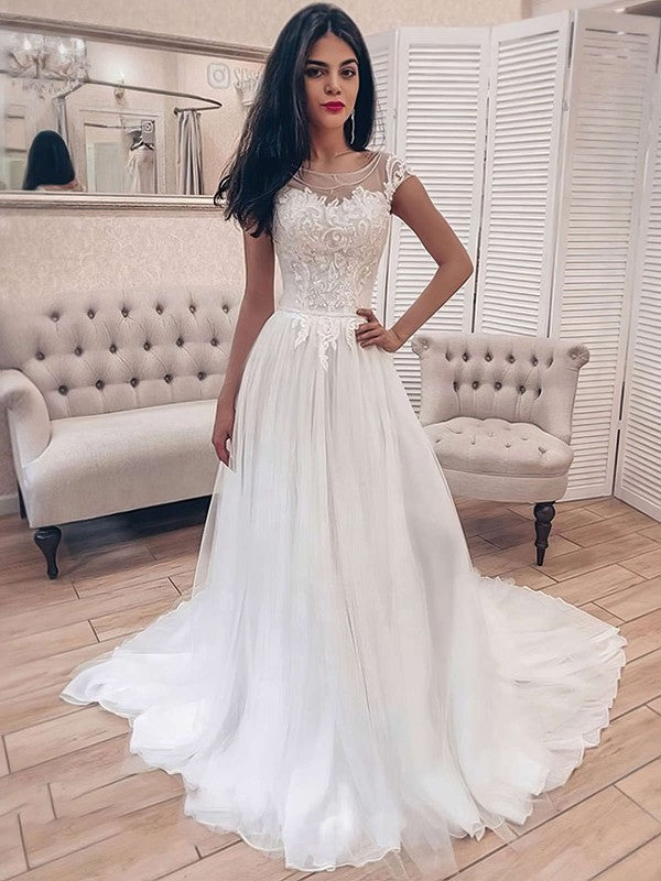 Illusion Tulle Ball Gown Wedding Dress with Appliques Lace and Sweep Train