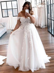 Lace Appliques Off-the-shoulder Tulle Ball Gown Wedding Dress With Sweep Train